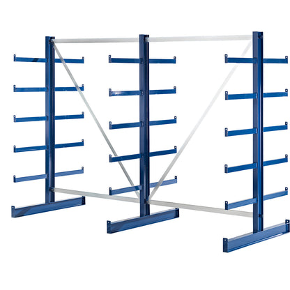 Cantilever racking unit with identical cantilever arm length, shelf unit length 2700 mm, double sided, gentian blue.