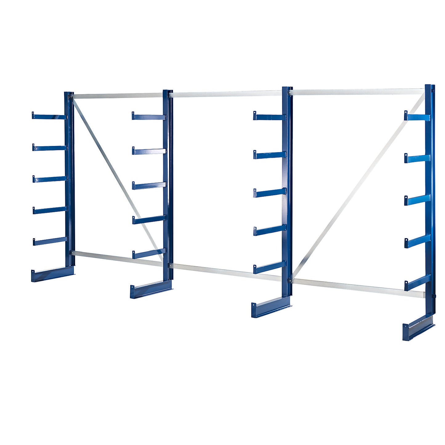 Cantilever racking unit with identical cantilever arm length, shelf unit length 4050 mm, single sided, gentian blue.