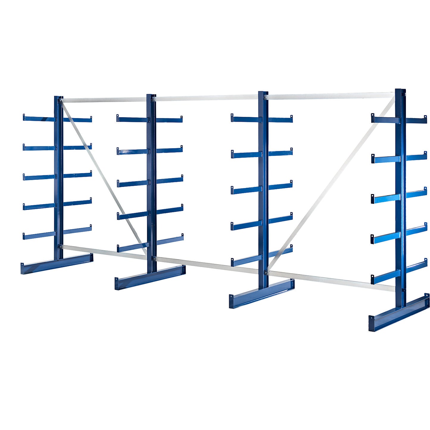 Cantilever racking unit with identical cantilever arm length, shelf unit length 4050 mm, double sided, gentian blue.