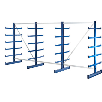 Cantilever racking unit with identical cantilever arm length, shelf unit length 4050 mm, double sided, gentian blue.