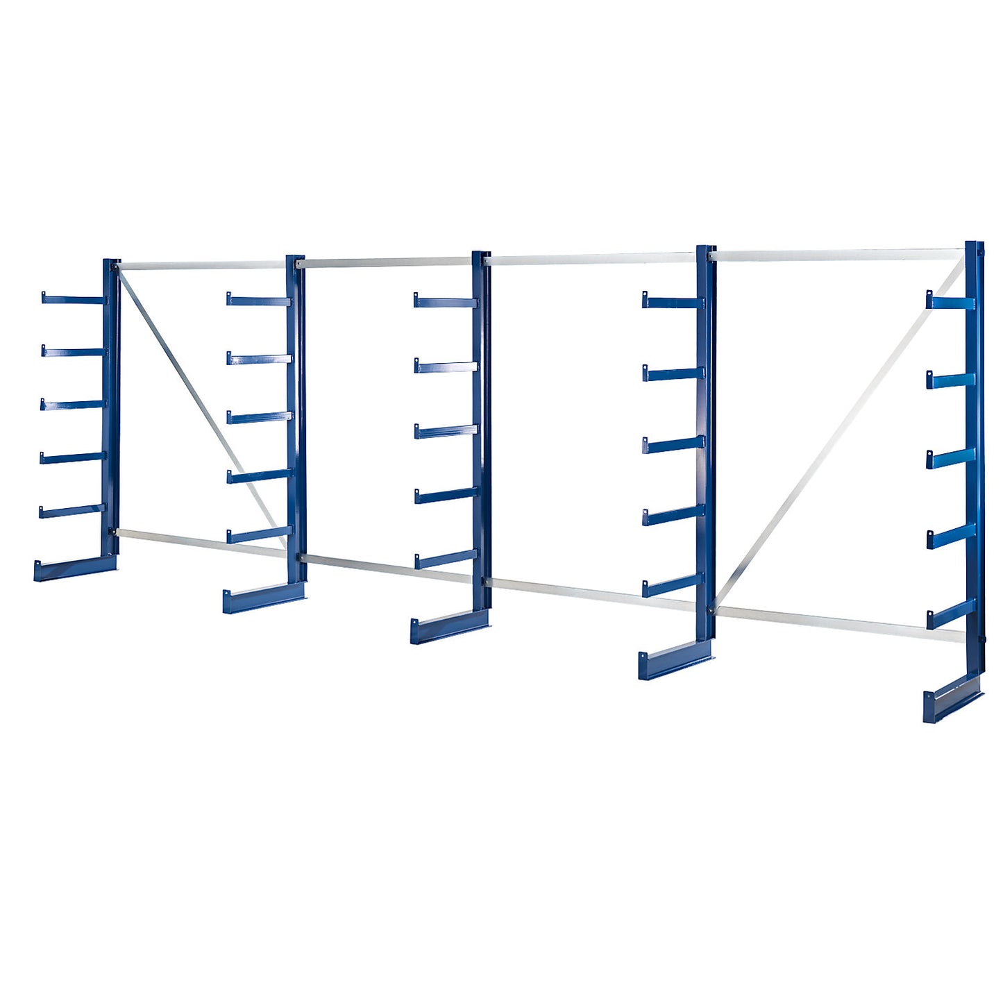 Cantilever racking unit with identical cantilever arm length, shelf unit length 5400 mm, single sided, gentian blue.