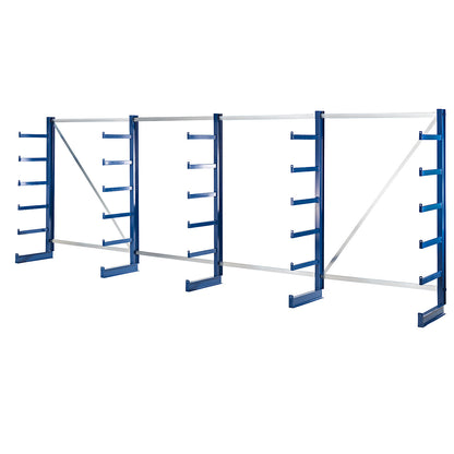 Cantilever racking unit with identical cantilever arm length, shelf unit length 5400 mm, single sided, gentian blue.