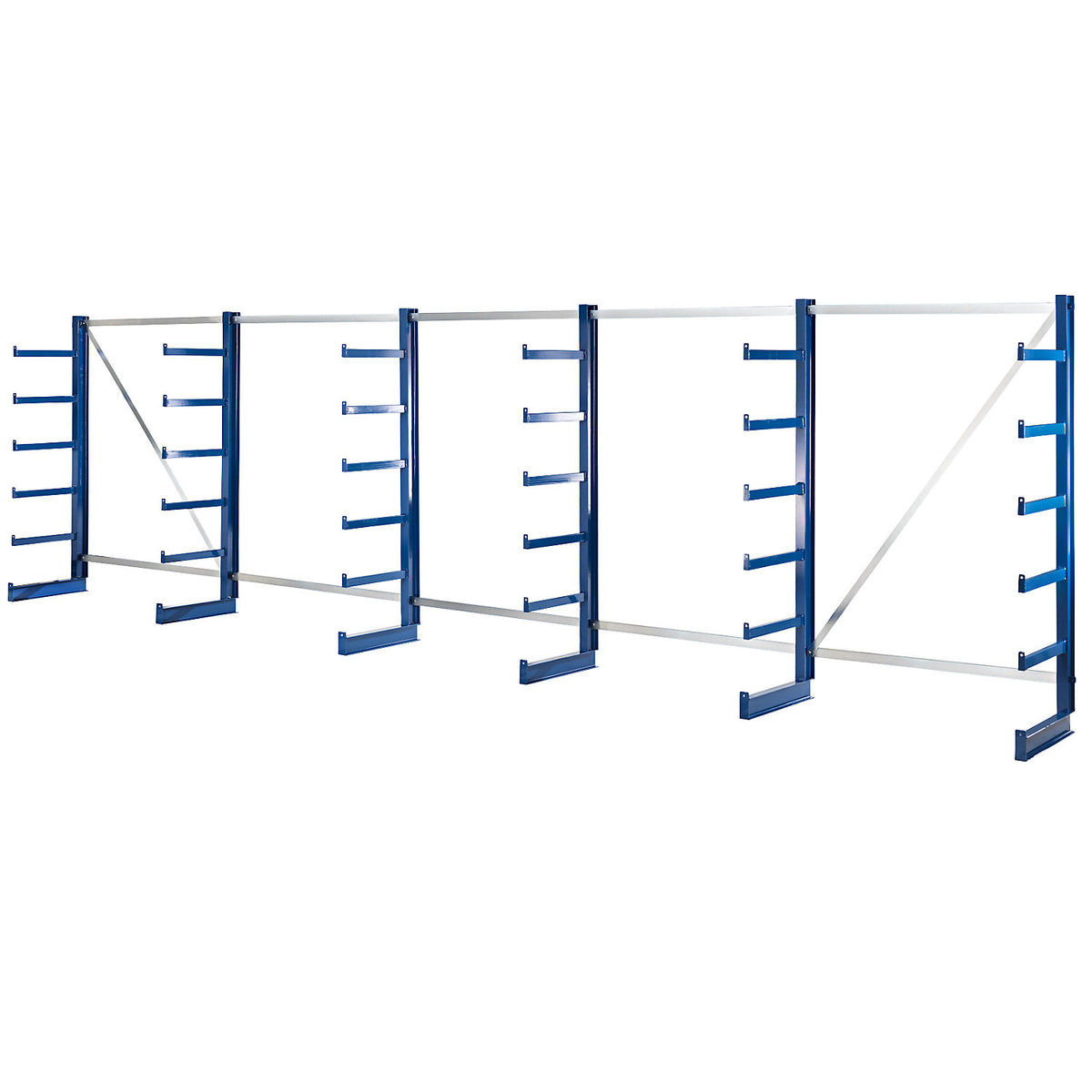 Cantilever racking unit with identical cantilever arm length, shelf unit length 6750 mm, single sided, gentian blue.