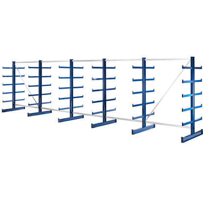Cantilever racking unit with identical cantilever arm length, shelf unit length 6750 mm, double sided, gentian blue.