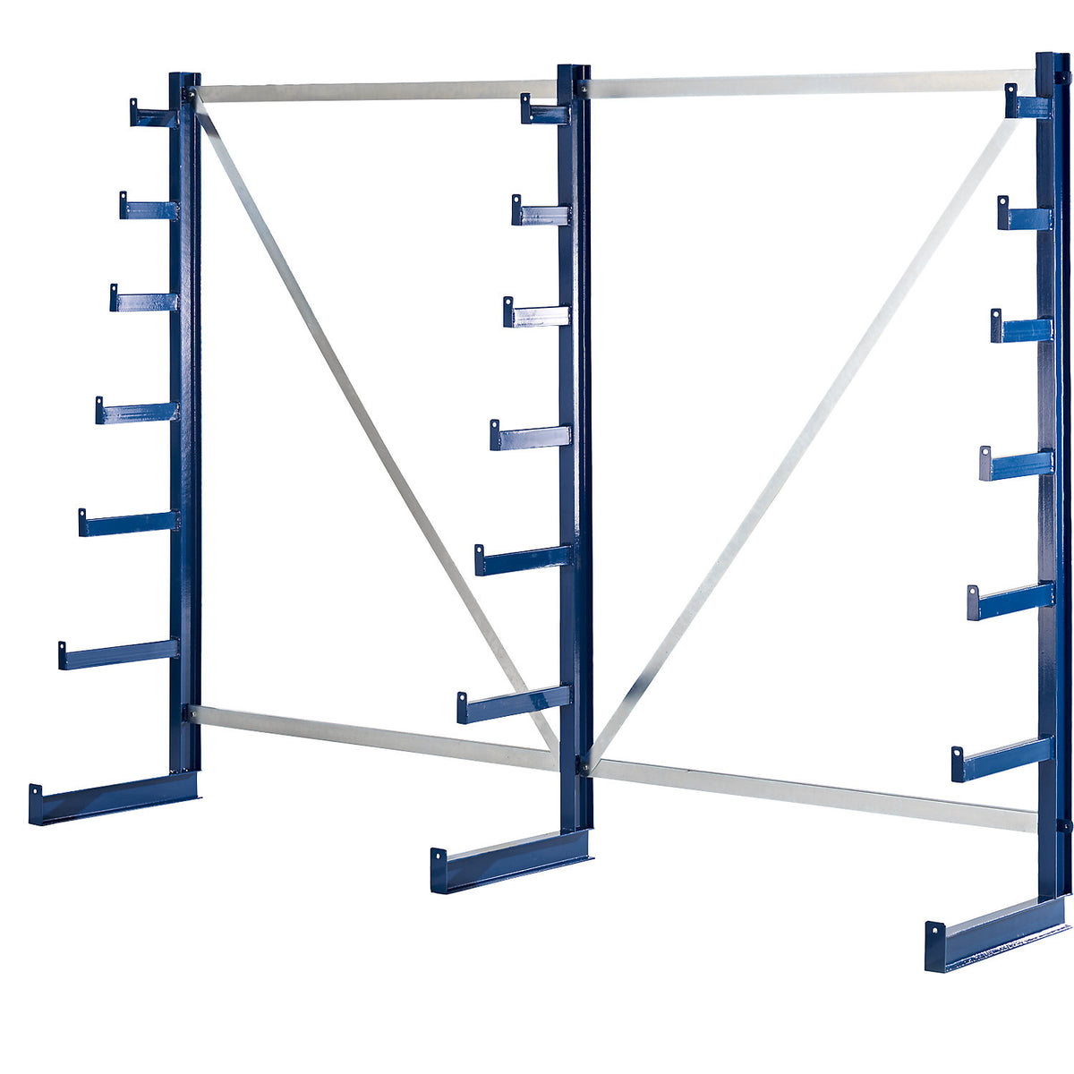 Cantilever racking unit with cantilever arms which taper towards the top, shelf unit length 2700 mm, single sided, gentian blue.