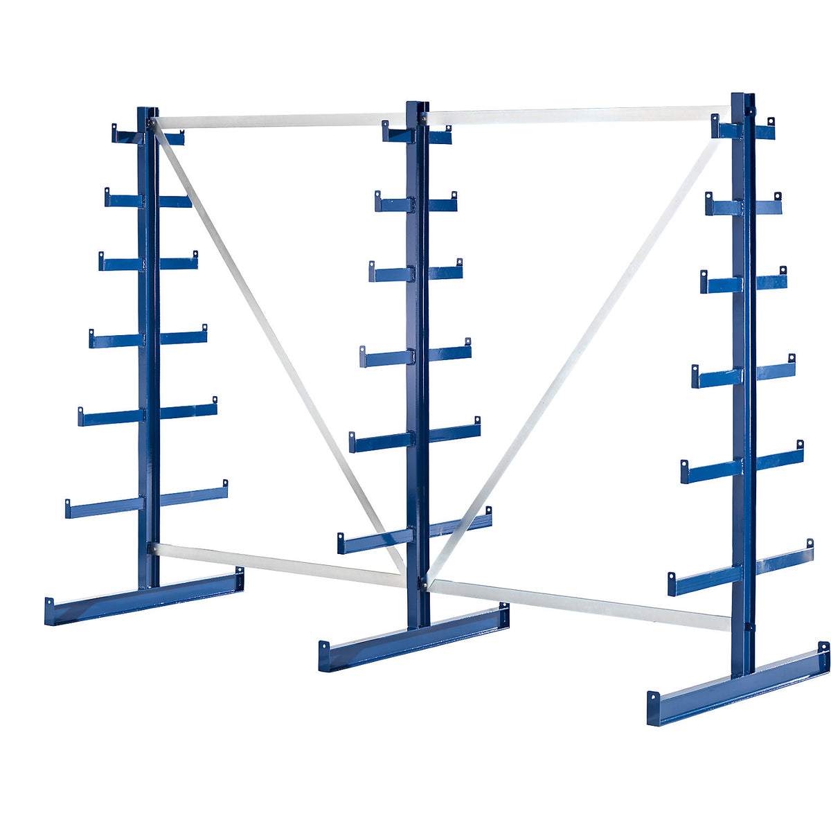 Cantilever racking unit with cantilever arms which taper towards the top, shelf unit length 2700 mm, double sided, gentian blue.