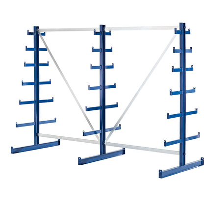 Cantilever racking unit with cantilever arms which taper towards the top, shelf unit length 2700 mm, double sided, gentian blue.
