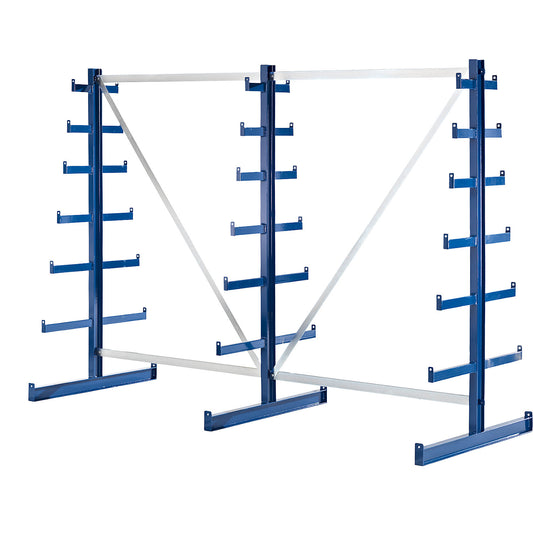 Cantilever racking unit with cantilever arms which taper towards the top, shelf unit length 2700 mm, double sided, gentian blue.