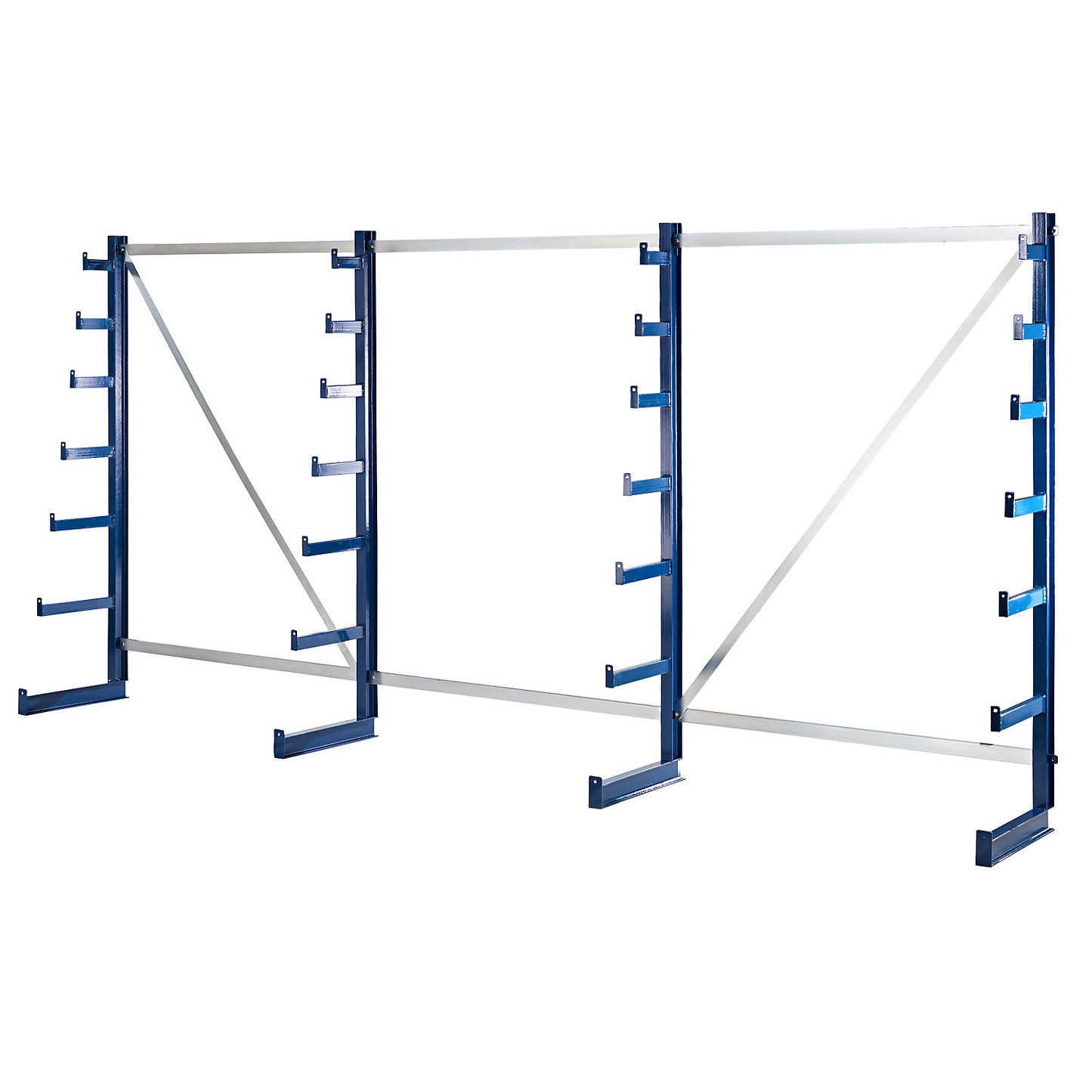 Cantilever racking unit with cantilever arms which taper towards the top, shelf unit length 4050 mm, single sided, gentian blue.