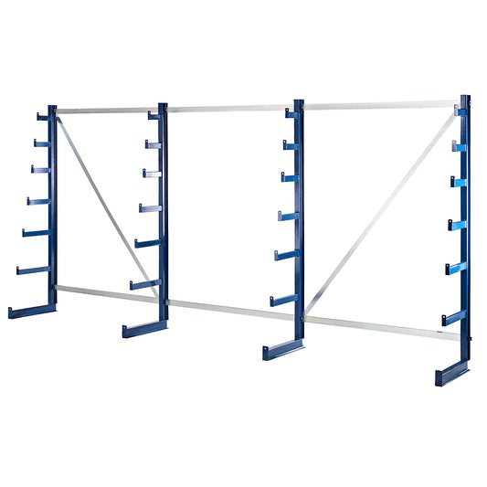 Cantilever racking unit with cantilever arms which taper towards the top, shelf unit length 4050 mm, single sided, gentian blue.