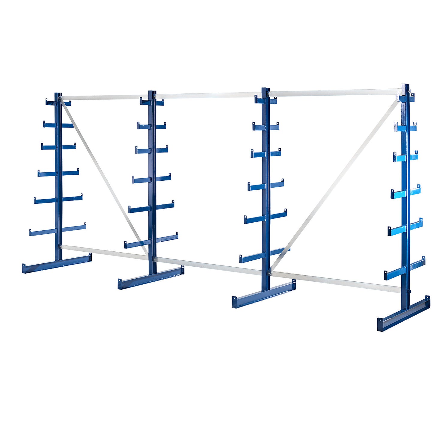 Cantilever racking unit with cantilever arms which taper towards the top, shelf unit length 4050 mm, double sided, gentian blue.