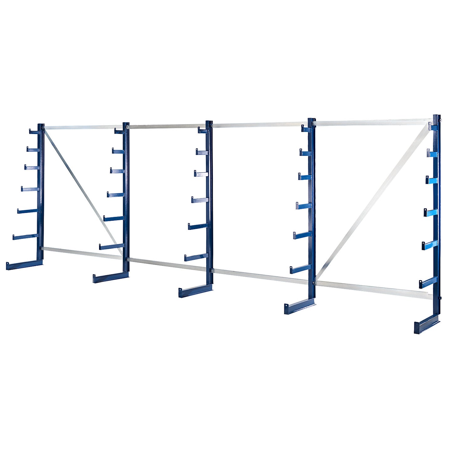 Cantilever racking unit with cantilever arms which taper towards the top, shelf unit length 5400 mm, single sided, gentian blue.