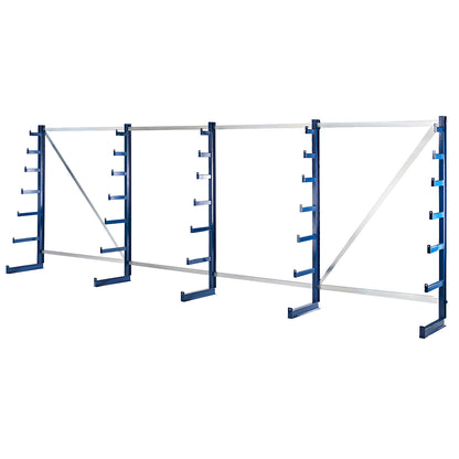 Cantilever racking unit with cantilever arms which taper towards the top, shelf unit length 5400 mm, single sided, gentian blue.