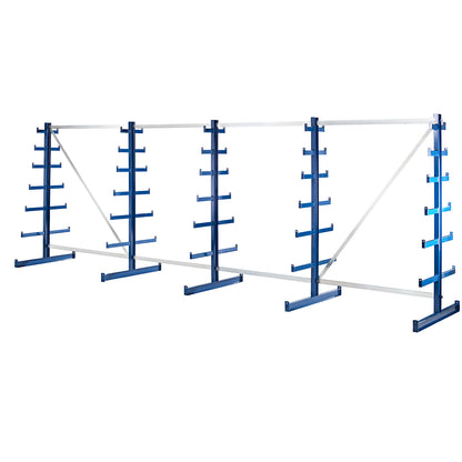 Cantilever racking unit with cantilever arms which taper towards the top, shelf unit length 5400 mm, double sided, gentian blue.
