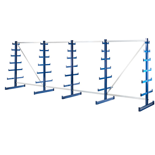 Cantilever racking unit with cantilever arms which taper towards the top, shelf unit length 5400 mm, double sided, gentian blue.