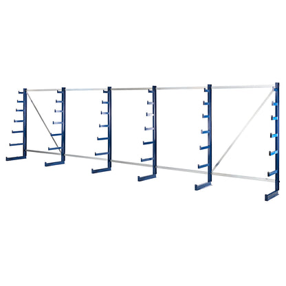 Cantilever racking unit with cantilever arms which taper towards the top, shelf unit length 6750 mm, single sided, gentian blue.