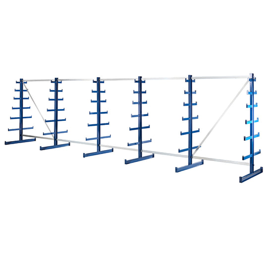 Cantilever racking unit with cantilever arms which taper towards the top, shelf unit length 6750 mm, double sided, gentian blue.