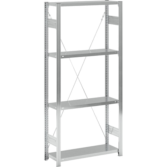 Standard boltless shelving unit, zinc plated, single sided, shelf height 2000 mm, shelf width 965 mm, standard shelf unit, shelf depth 350 mm.