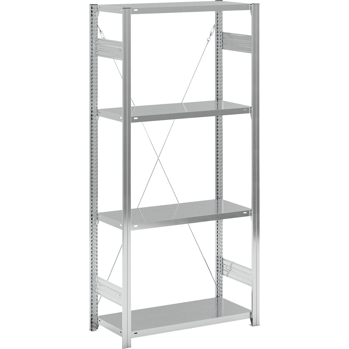 Standard boltless shelving unit, zinc plated, single sided, shelf height 2000 mm, shelf width 965 mm, standard shelf unit, shelf depth 450 mm.