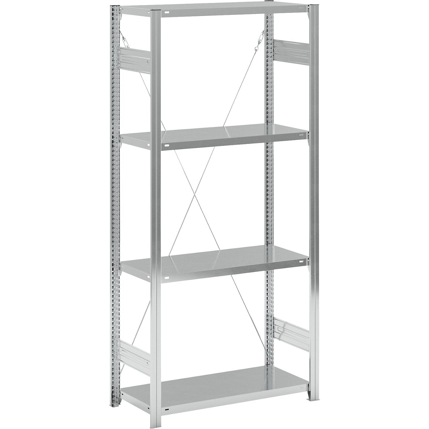 Standard boltless shelving unit, zinc plated, single sided, shelf height 2000 mm, shelf width 965 mm, standard shelf unit, shelf depth 450 mm.