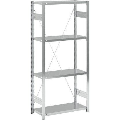 Standard boltless shelving unit, zinc plated, single sided, shelf height 2000 mm, shelf width 965 mm, standard shelf unit, shelf depth 450 mm.
