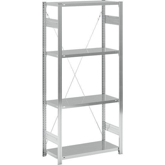 Standard boltless shelving unit, zinc plated, single sided, shelf height 2000 mm, shelf width 965 mm, standard shelf unit, shelf depth 450 mm.