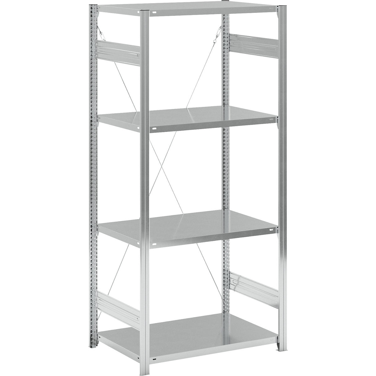 Standard boltless shelving unit, zinc plated, single sided, shelf height 2000 mm, shelf width 965 mm, standard shelf unit, shelf depth 650 mm.