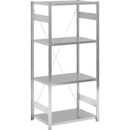 Standard boltless shelving unit, zinc plated, single sided, shelf height 2000 mm, shelf width 965 mm, standard shelf unit, shelf depth 650 mm.