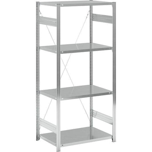 Standard boltless shelving unit, zinc plated, single sided, shelf height 2000 mm, shelf width 965 mm, standard shelf unit, shelf depth 650 mm.