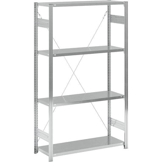 Standard boltless shelving unit, zinc plated, single sided, shelf height 2000 mm, shelf width 1215 mm, standard shelf unit, shelf depth 450 mm.
