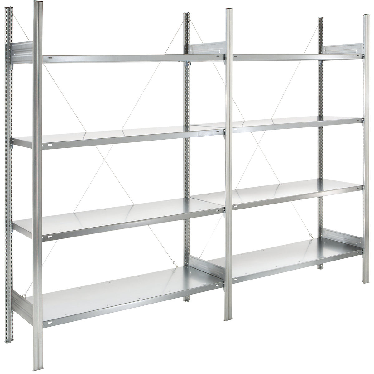 Standard boltless shelving unit, zinc plated, single sided, shelf height 2000 mm, shelf width 1215 mm, extension shelf unit, shelf depth 450 mm.