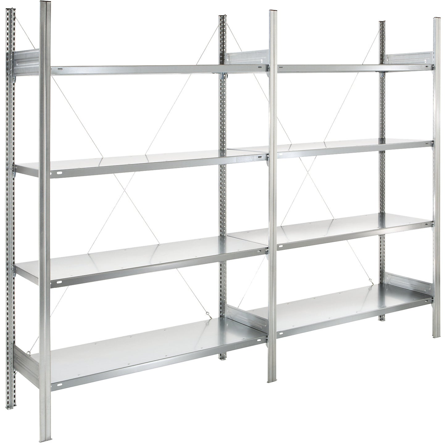 Standard boltless shelving unit, zinc plated, single sided, shelf height 2000 mm, shelf width 1215 mm, extension shelf unit, shelf depth 450 mm.