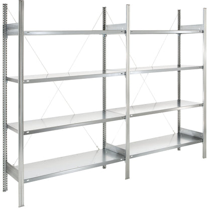 Standard boltless shelving unit, zinc plated, single sided, shelf height 2000 mm, shelf width 1215 mm, extension shelf unit, shelf depth 450 mm.