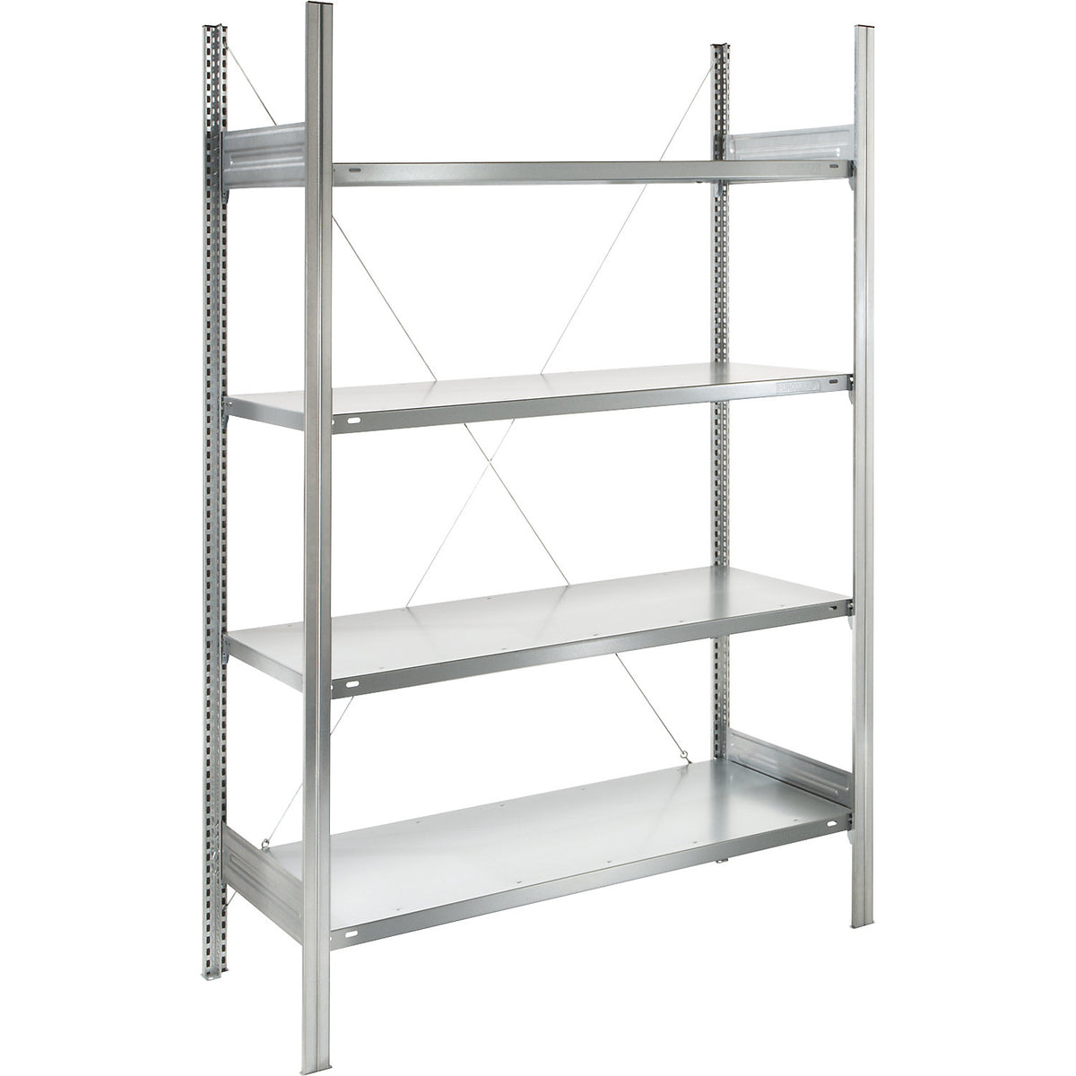 Standard boltless shelving unit, zinc plated, single sided, shelf height 2000 mm, shelf width 1215 mm, standard shelf unit, shelf depth 550 mm.