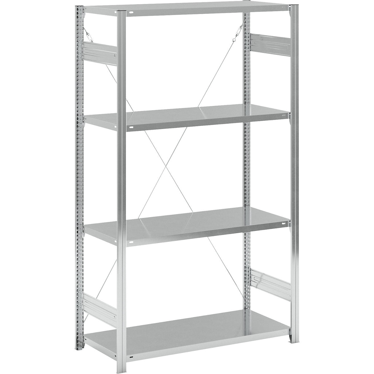 Standard boltless shelving unit, zinc plated, single sided, shelf height 2000 mm, shelf width 1215 mm, standard shelf unit, shelf depth 550 mm.