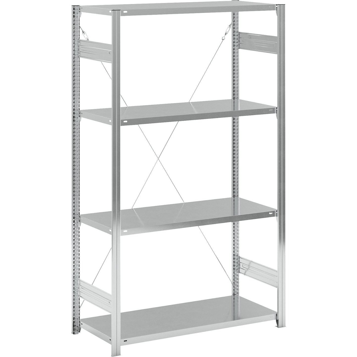 Standard boltless shelving unit, zinc plated, single sided, shelf height 2000 mm, shelf width 1215 mm, standard shelf unit, shelf depth 550 mm.