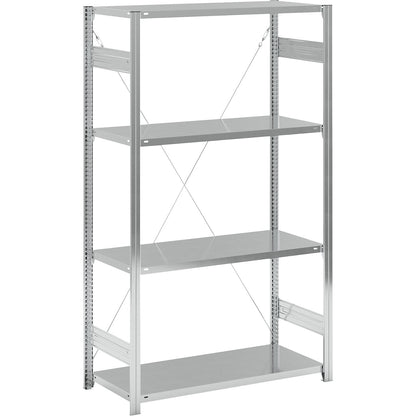Standard boltless shelving unit, zinc plated, single sided, shelf height 2000 mm, shelf width 1215 mm, standard shelf unit, shelf depth 550 mm.