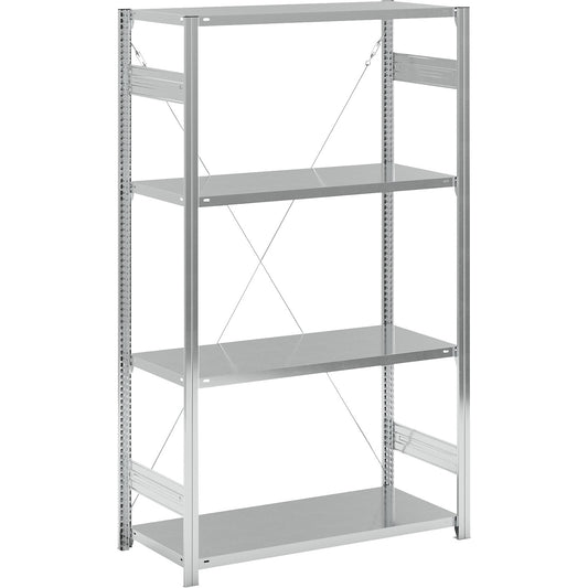 Standard boltless shelving unit, zinc plated, single sided, shelf height 2000 mm, shelf width 1215 mm, standard shelf unit, shelf depth 550 mm.