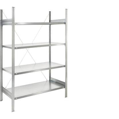 Standard boltless shelving unit, zinc plated, single sided, shelf height 2000 mm, shelf width 1215 mm, standard shelf unit, shelf depth 650 mm.