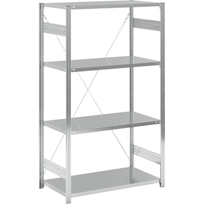 Standard boltless shelving unit, zinc plated, single sided, shelf height 2000 mm, shelf width 1215 mm, standard shelf unit, shelf depth 650 mm.
