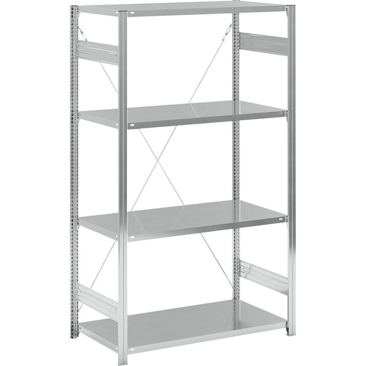 Standard boltless shelving unit, zinc plated, single sided, shelf height 2000 mm, shelf width 1215 mm, standard shelf unit, shelf depth 650 mm.