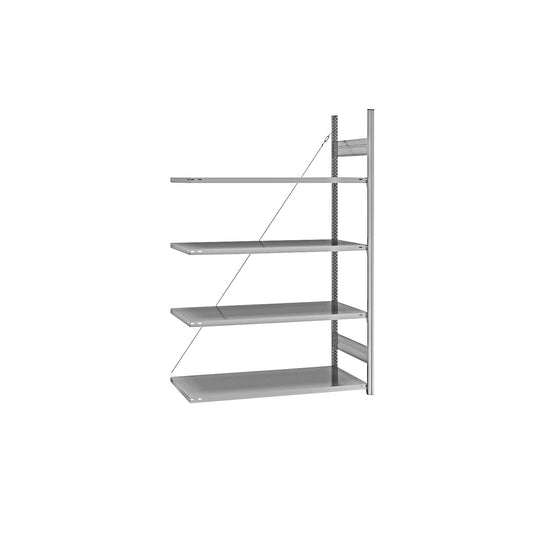 Standard boltless shelving unit, zinc plated, single sided, shelf height 2000 mm, shelf width 1215 mm, extension shelf unit, shelf depth 650 mm.