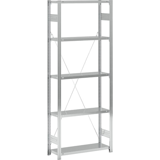 Standard boltless shelving unit, zinc plated, single sided, shelf height 2350 mm, shelf width 965 mm, standard shelf unit, shelf depth 350 mm.