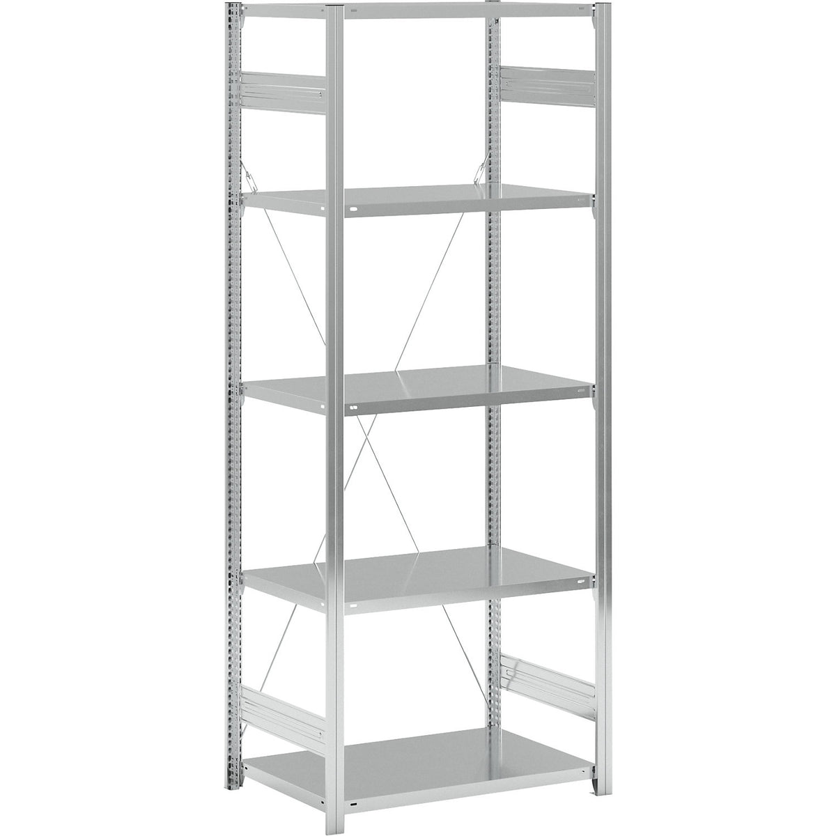 Standard boltless shelving unit, zinc plated, single sided, shelf height 2350 mm, shelf width 965 mm, standard shelf unit, shelf depth 650 mm.