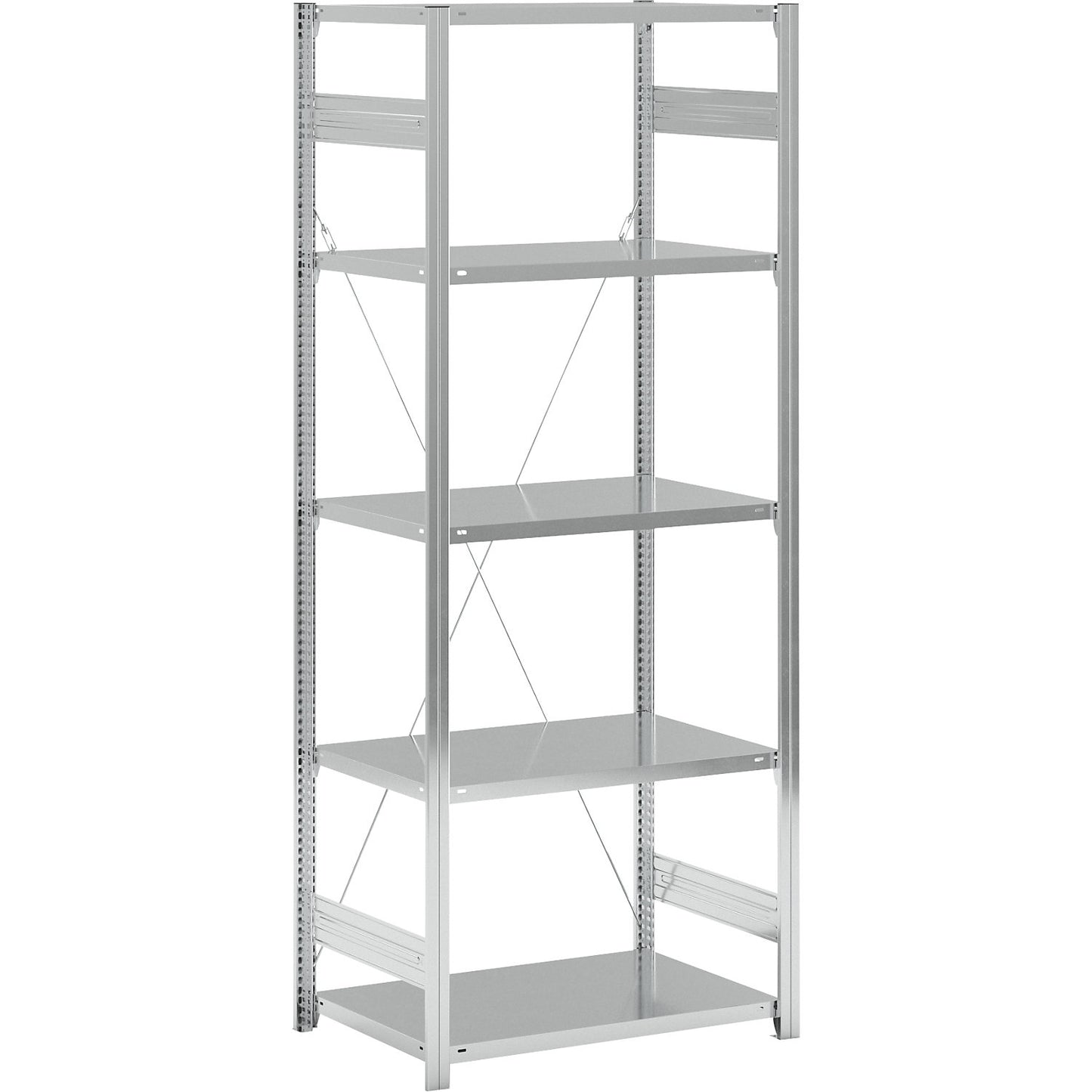 Standard boltless shelving unit, zinc plated, single sided, shelf height 2350 mm, shelf width 965 mm, standard shelf unit, shelf depth 650 mm.