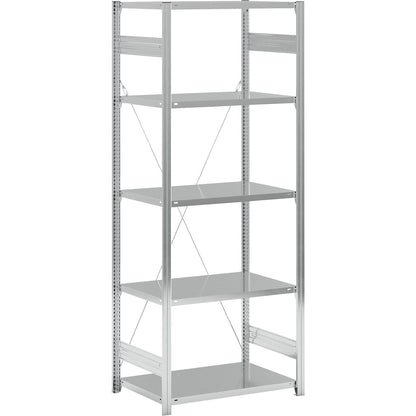 Standard boltless shelving unit, zinc plated, single sided, shelf height 2350 mm, shelf width 965 mm, standard shelf unit, shelf depth 650 mm.
