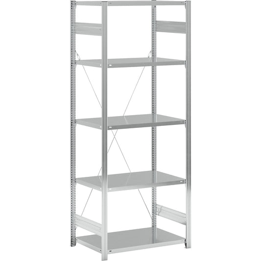 Standard boltless shelving unit, zinc plated, single sided, shelf height 2350 mm, shelf width 965 mm, standard shelf unit, shelf depth 650 mm.