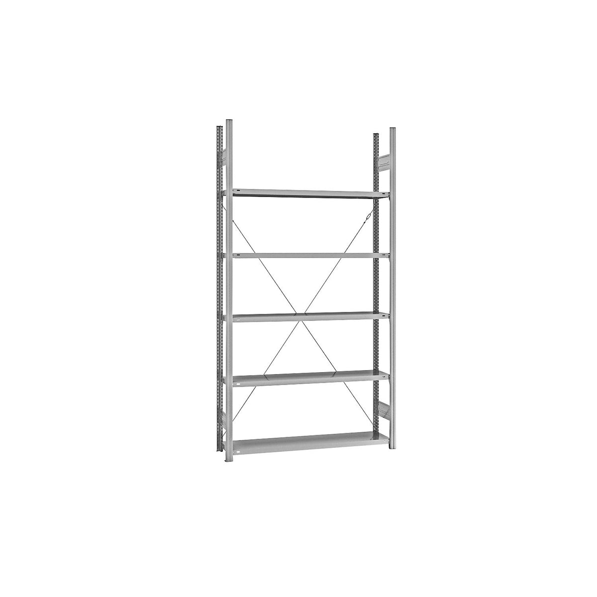 Standard boltless shelving unit, zinc plated, single sided, shelf height 2350 mm, shelf width 1215 mm, standard shelf unit, shelf depth 350 mm.