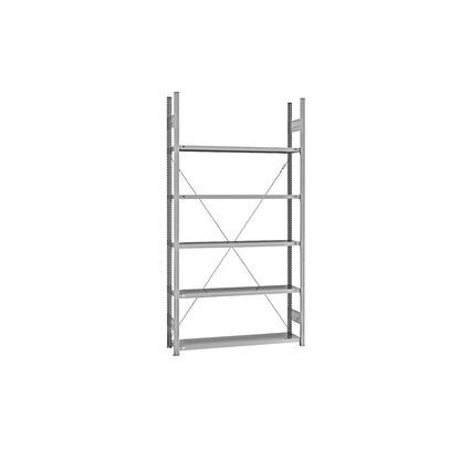 Standard boltless shelving unit, zinc plated, single sided, shelf height 2350 mm, shelf width 1215 mm, standard shelf unit, shelf depth 350 mm.