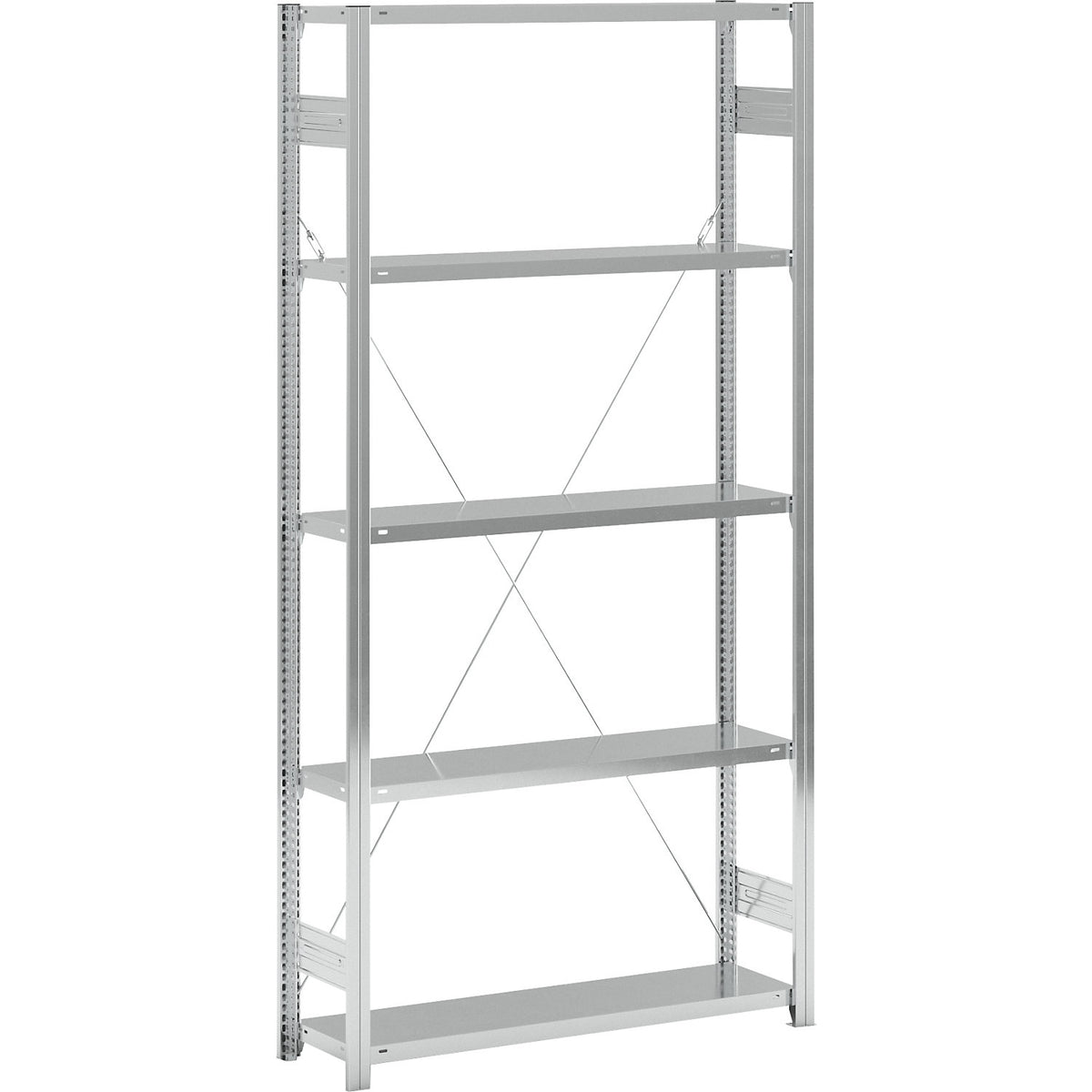 Standard boltless shelving unit, zinc plated, single sided, shelf height 2350 mm, shelf width 1215 mm, standard shelf unit, shelf depth 350 mm.